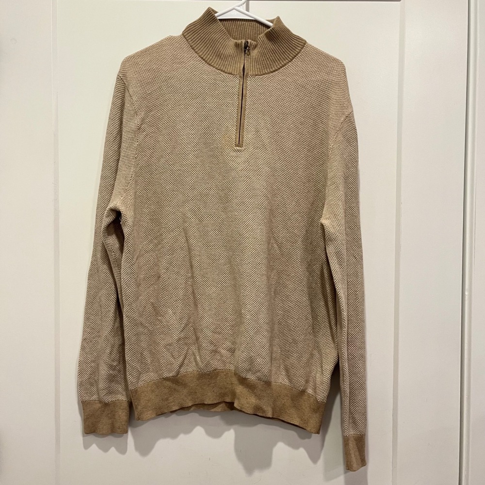 Brooks Brothers Supima Cotton Cashmere Quarter Zip Sweater Tan Beige Mens XL